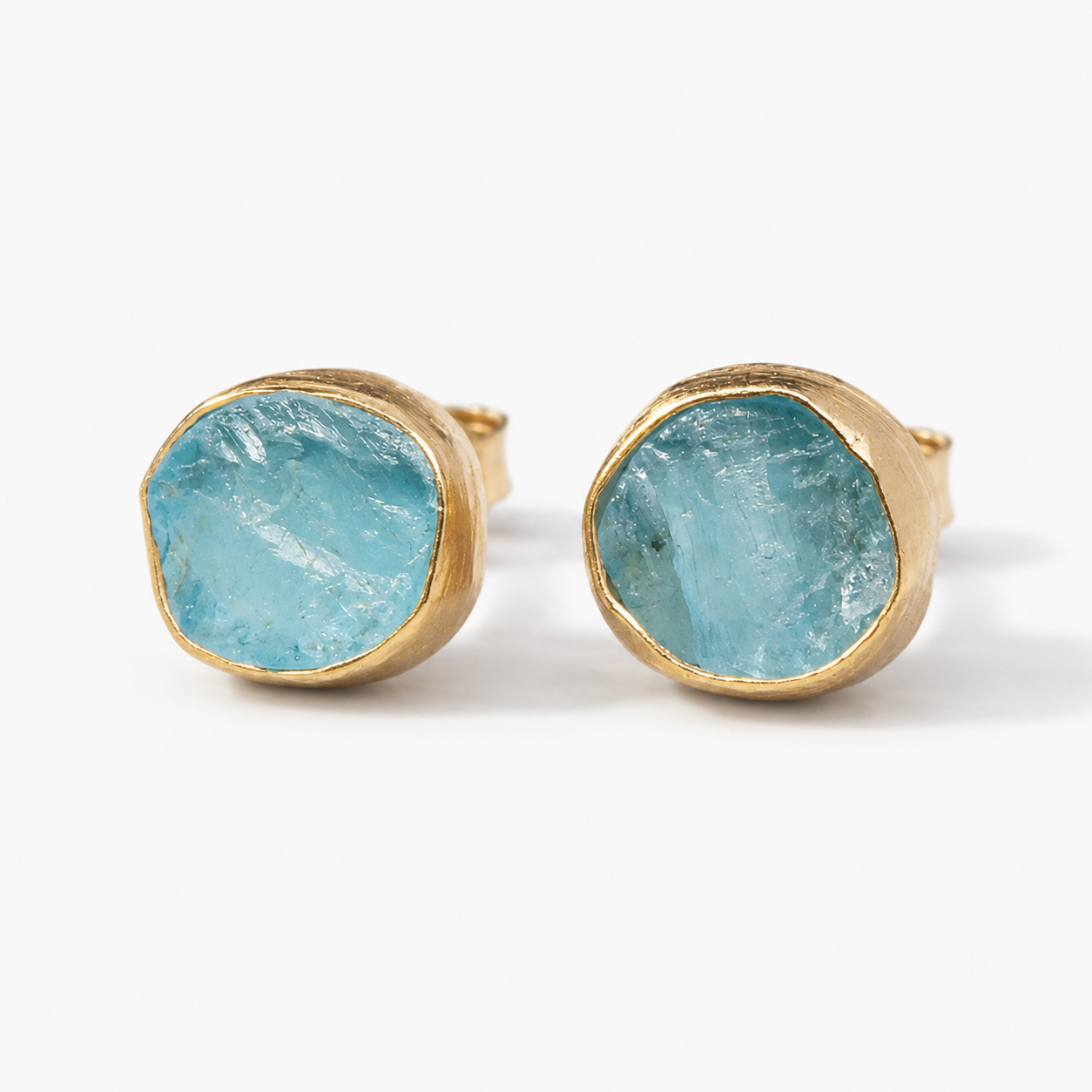 Raw-Cut Aqua Gemstone Stud Earrings