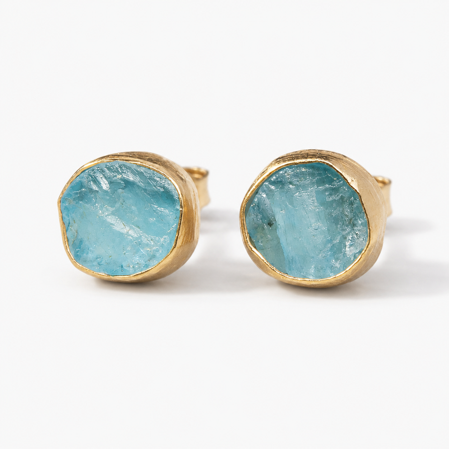 Raw-Cut Aqua Gemstone Stud Earrings