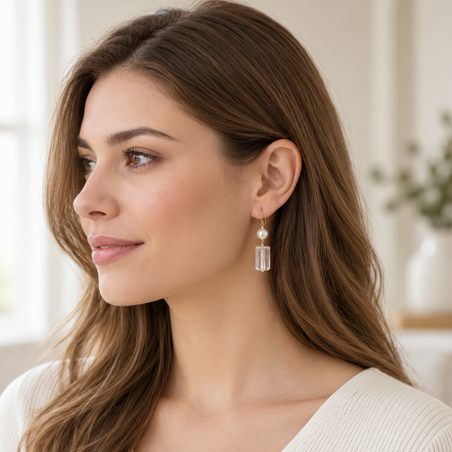 Natural Clear Quartz Freshwater Pearl Earrings