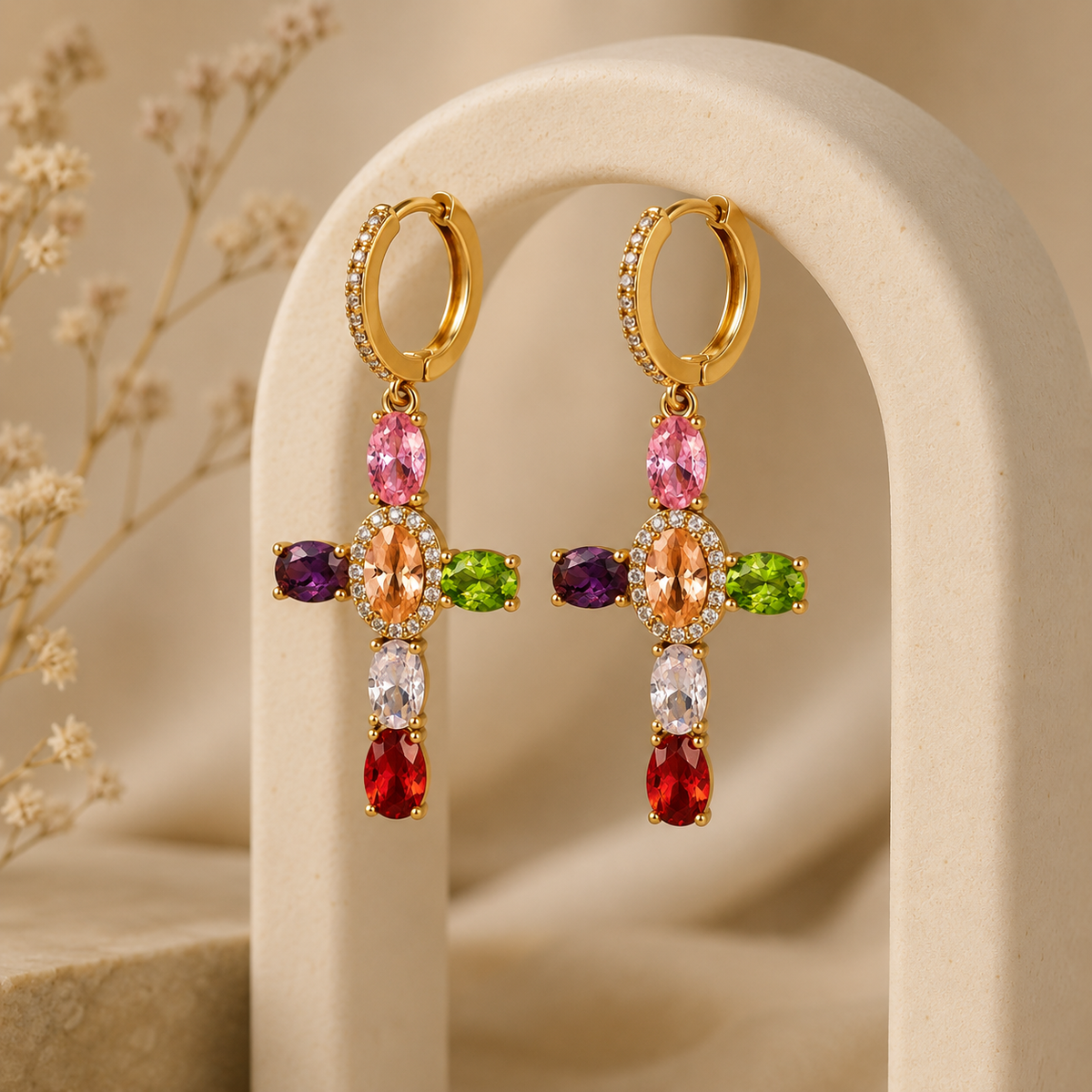 Rainbow CZ Cross Earrings
