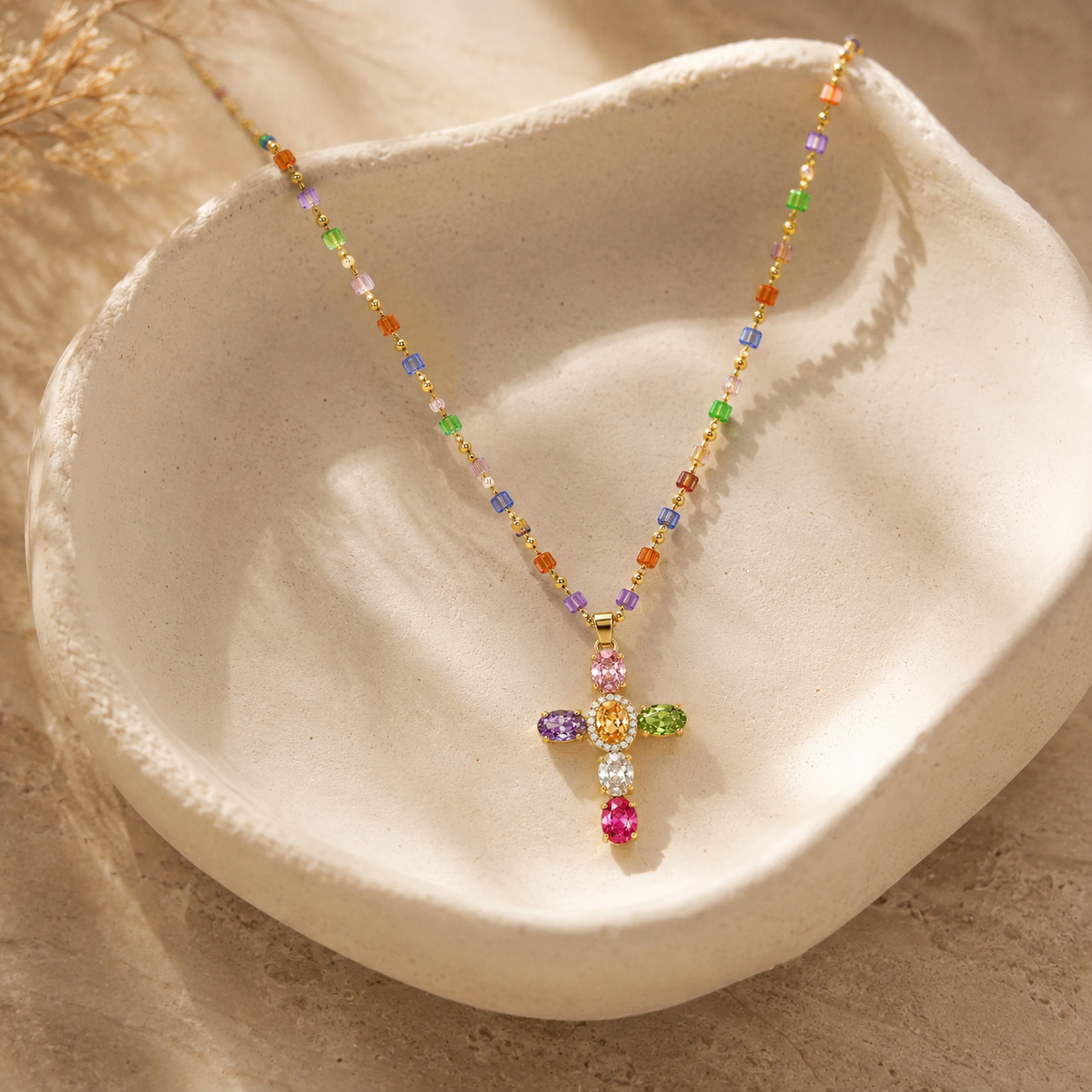 Multicolor Cubic Zirconia Cross Pendant Necklace