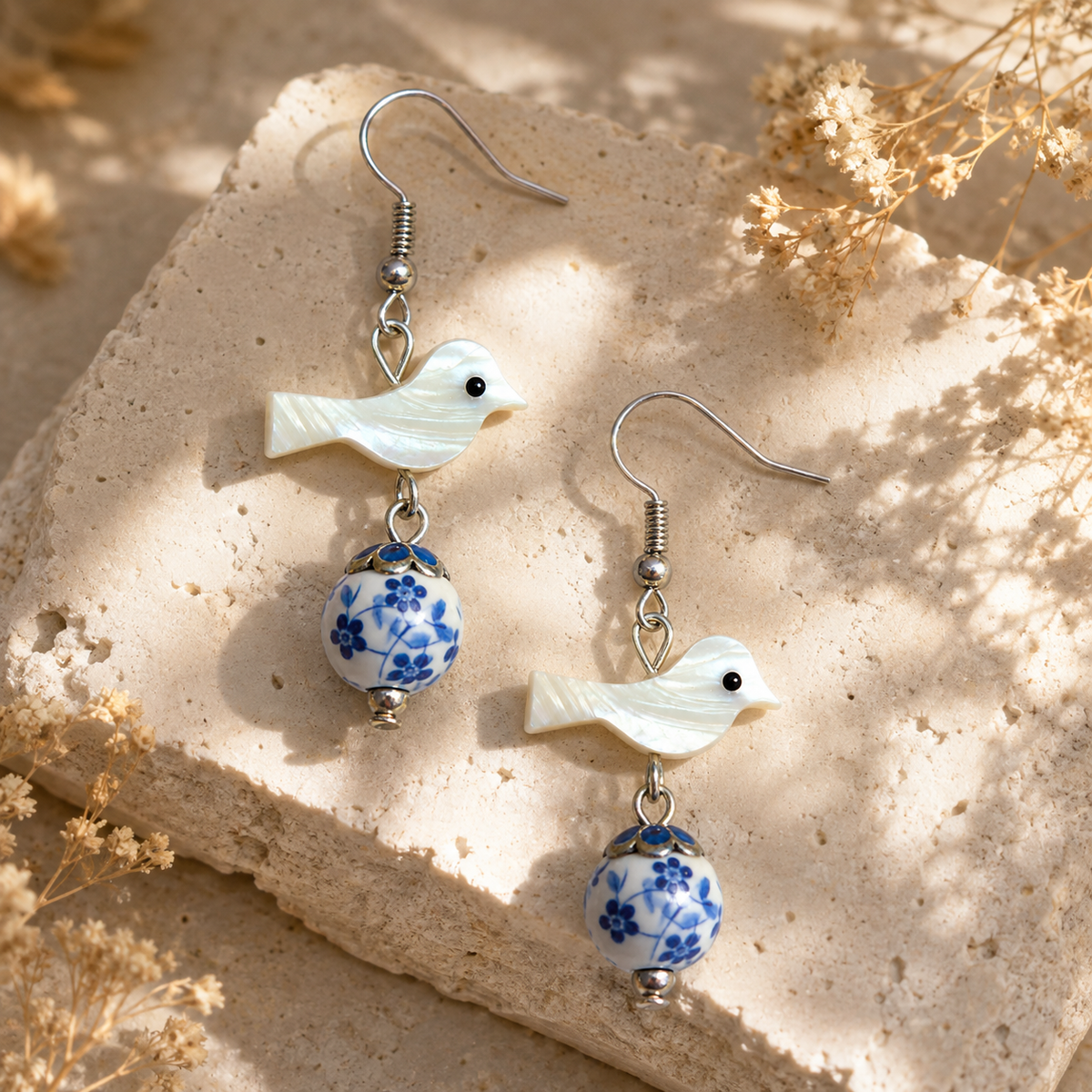 Porcelain Bead Shell Bird Earrings