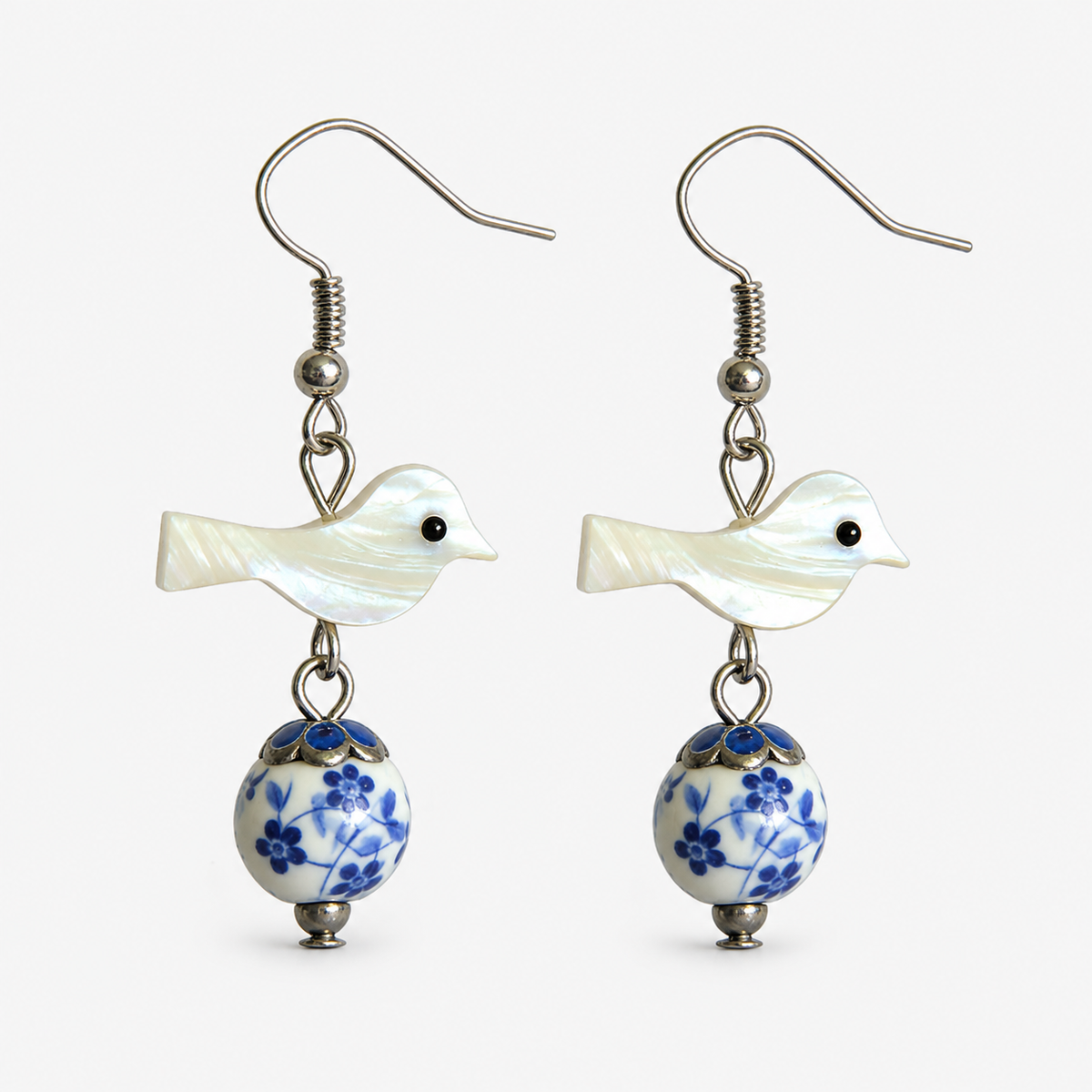 Porcelain Bead Shell Bird Earrings