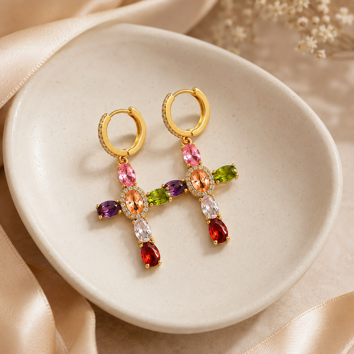 Rainbow CZ Cross Earrings