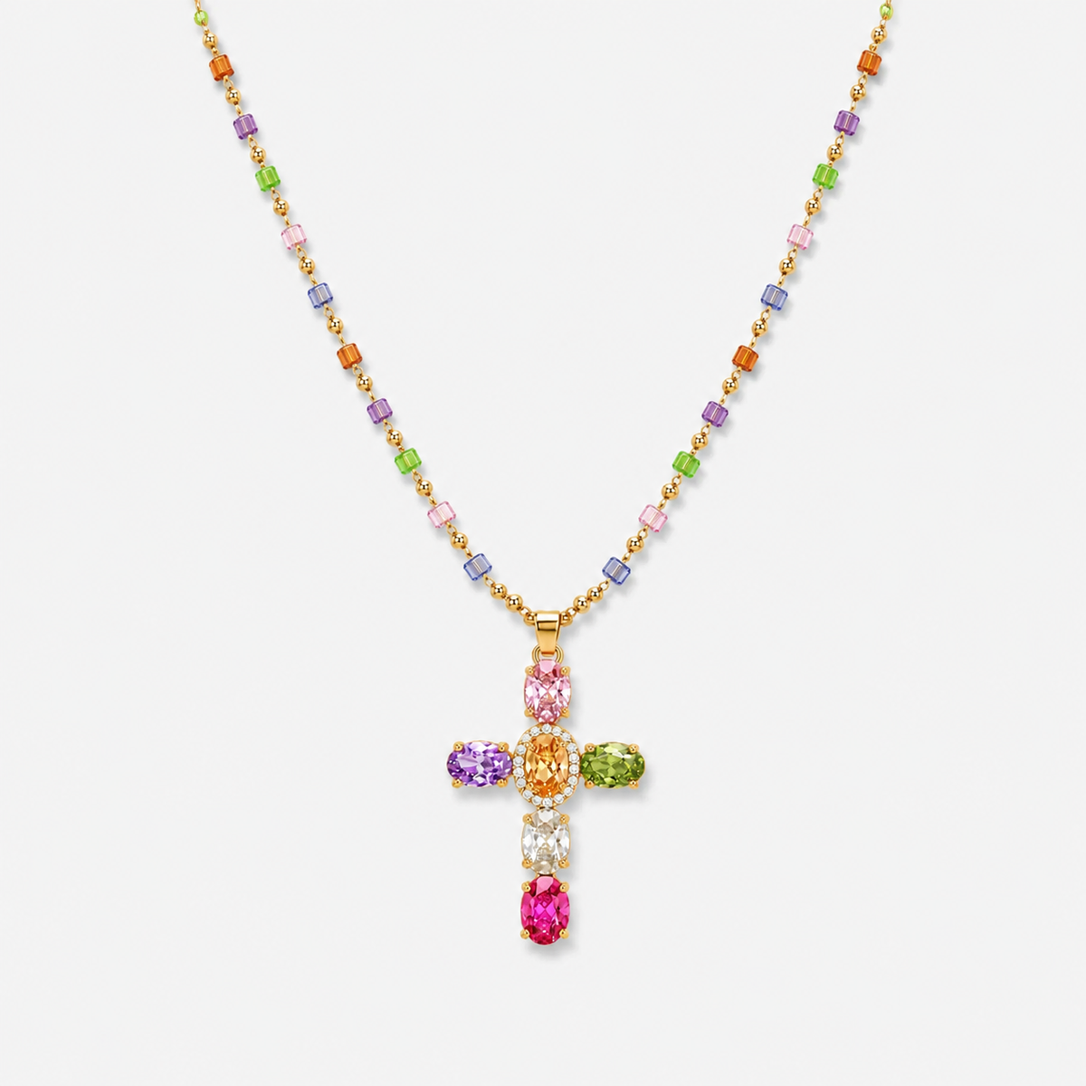 Multicolor Cubic Zirconia Cross Pendant Necklace