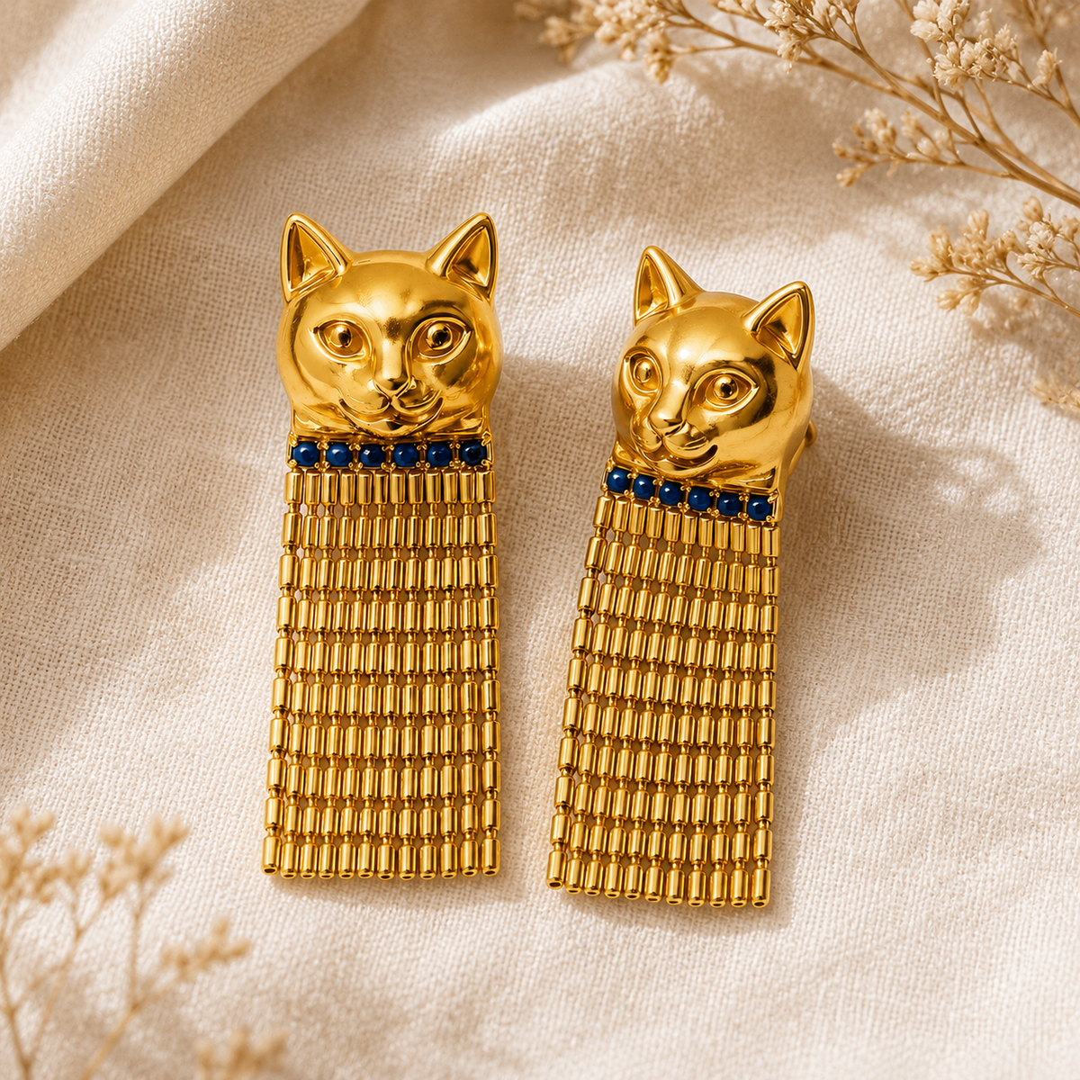 Vintage Egyptian Bastet Cat Tassel Earrings