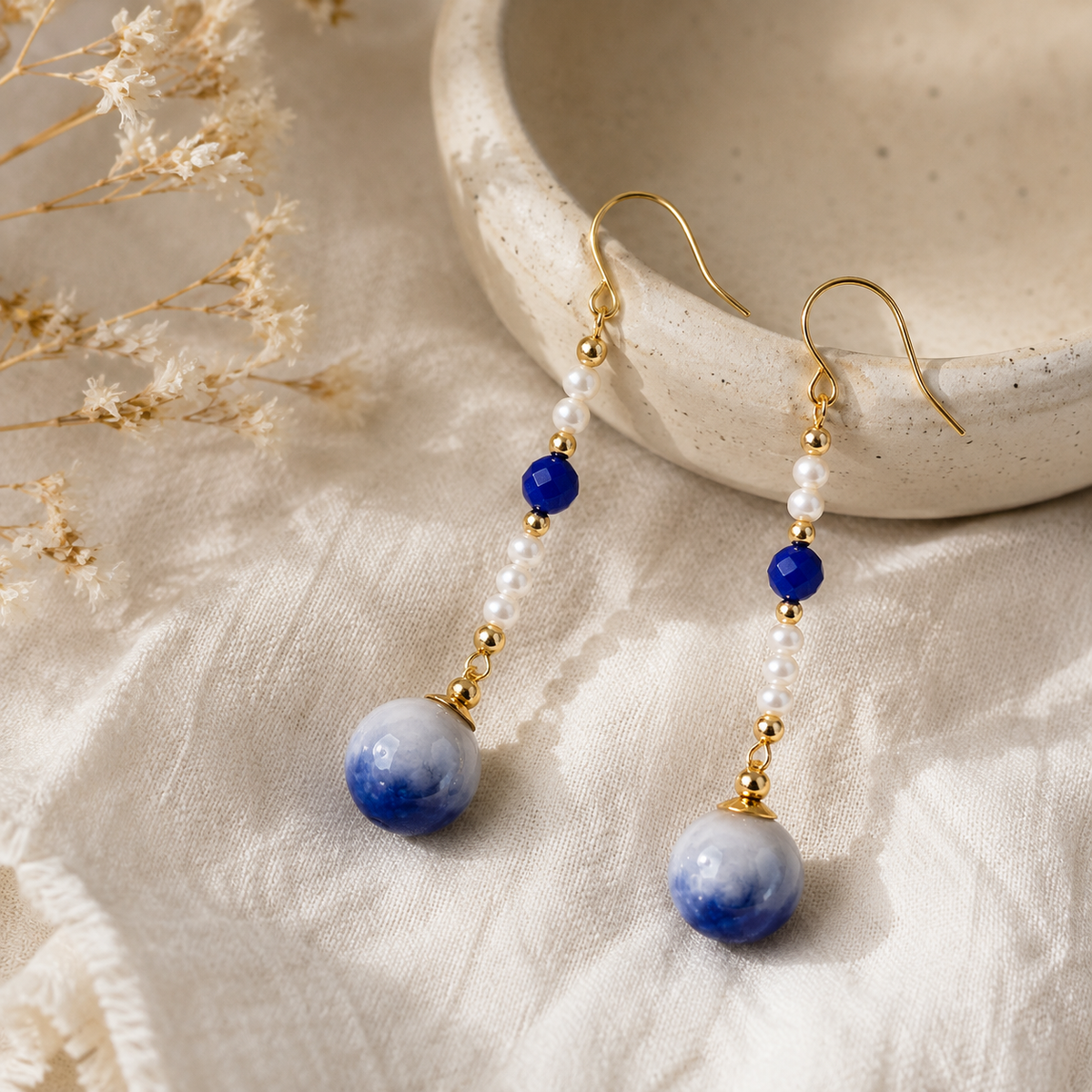 Blue Porcelain Pearl Drop Earrings