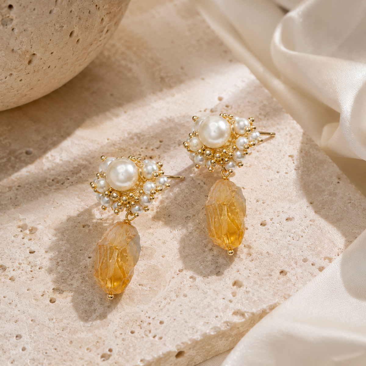 Raw Citrine Pearl Drop Earrings