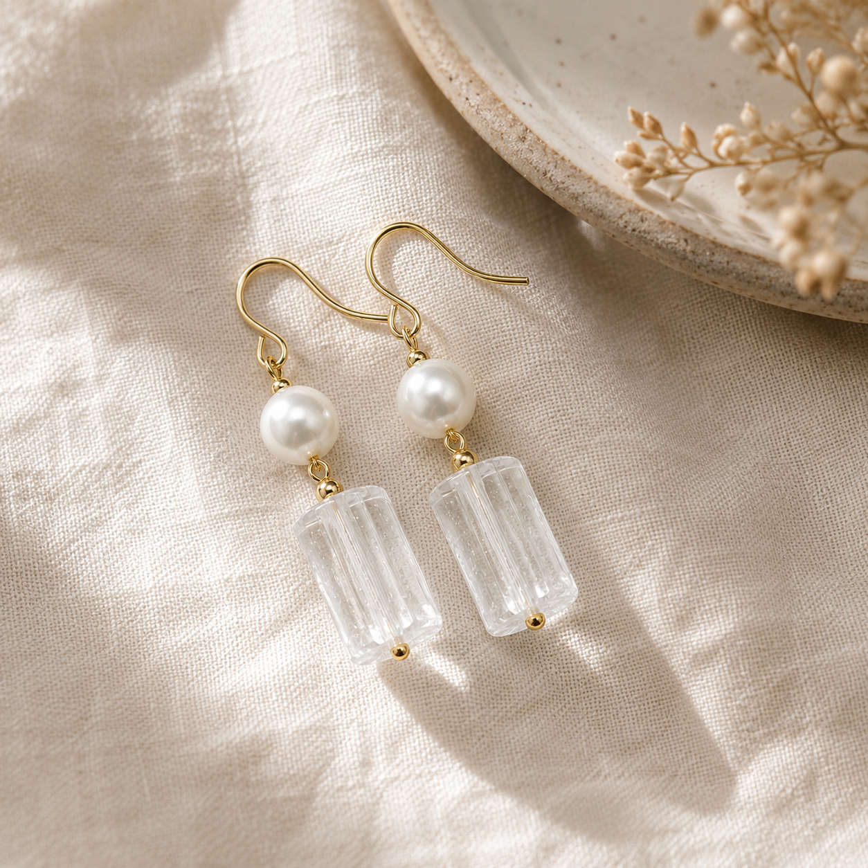 Natural Clear Quartz Freshwater Pearl Earrings