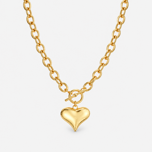 Gold Puffy Heart Pendant Chain Necklace