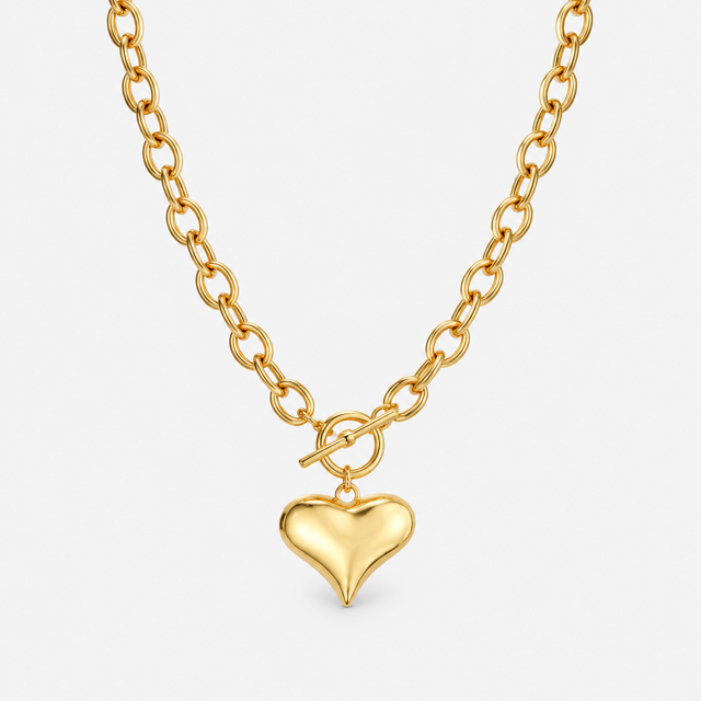 Gold Puffy Heart Pendant Chain Necklace