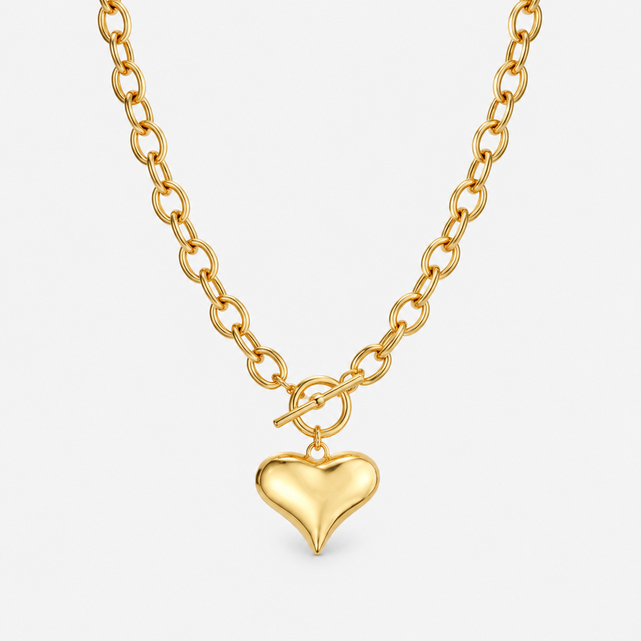Gold Puffy Heart Pendant Chain Necklace