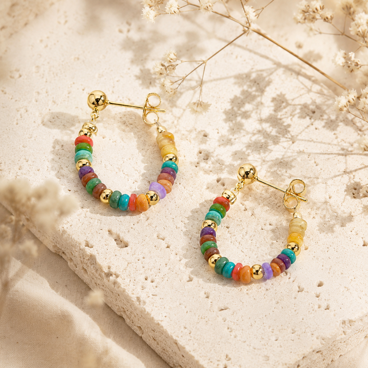 Colorful Beaded Silver Stud Earrings