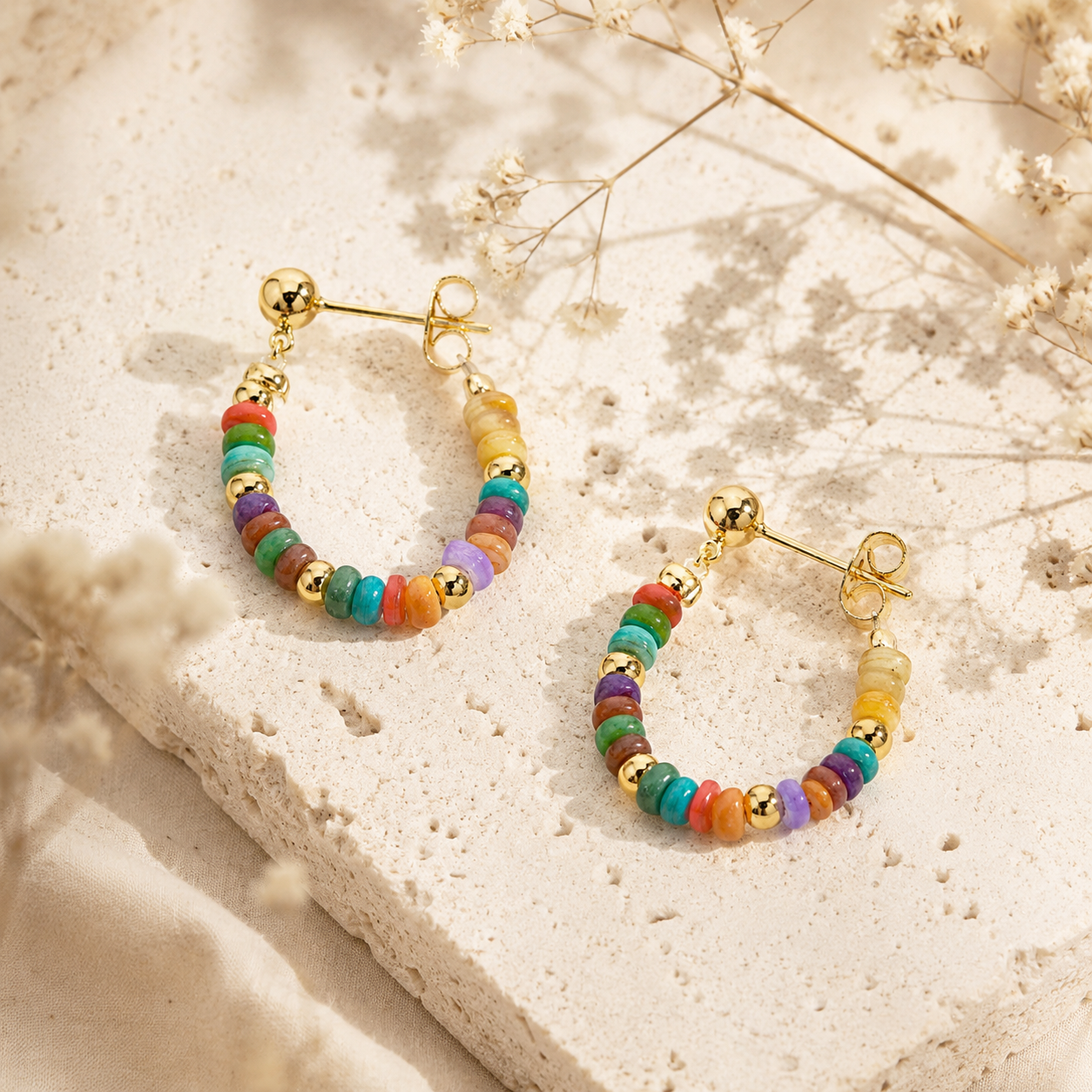 Colorful Beaded Silver Stud Earrings