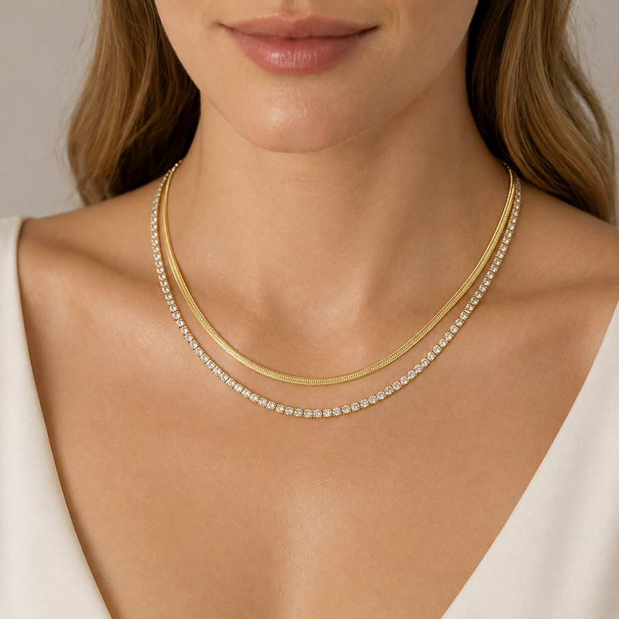 Layered Tennis Herringbone Necklace
