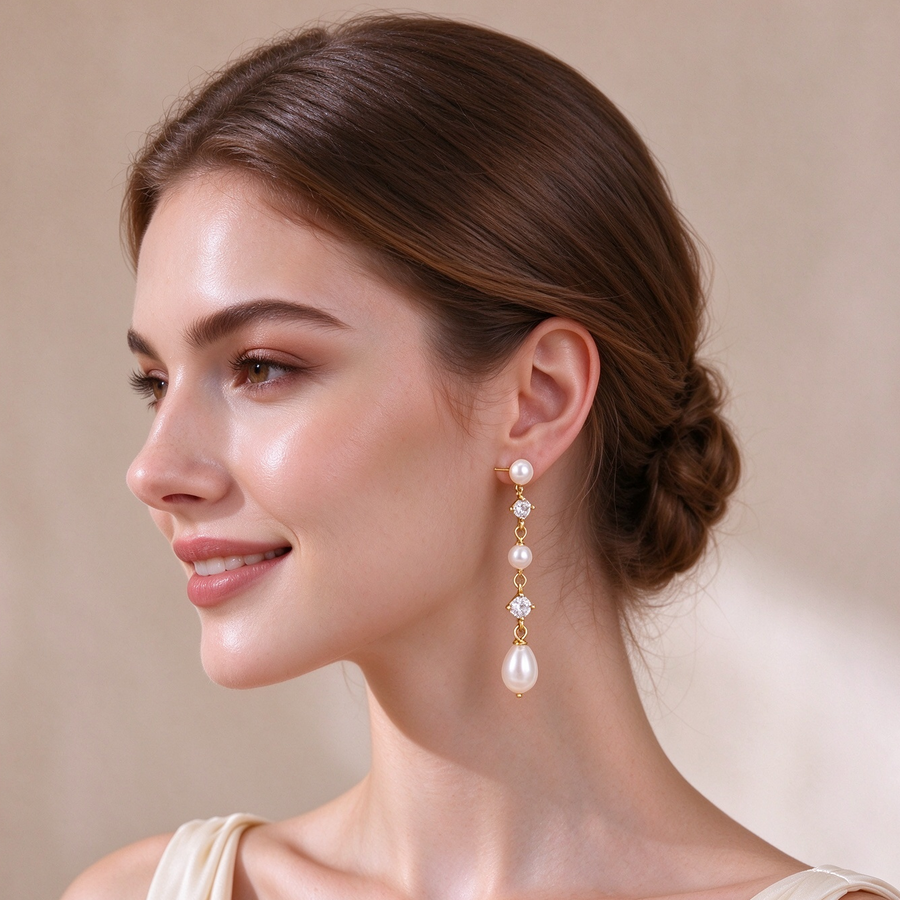 14K Gold-Plated Pearl CZ Drop Earrings