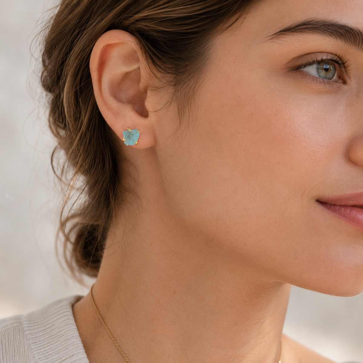 Irregular Natural Raw Aquamarine Crystal Stud Earrings