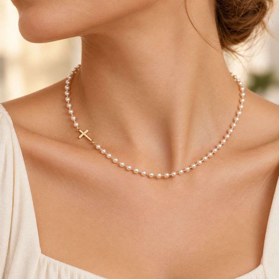 Sideways Cross Pearl Choker Necklace