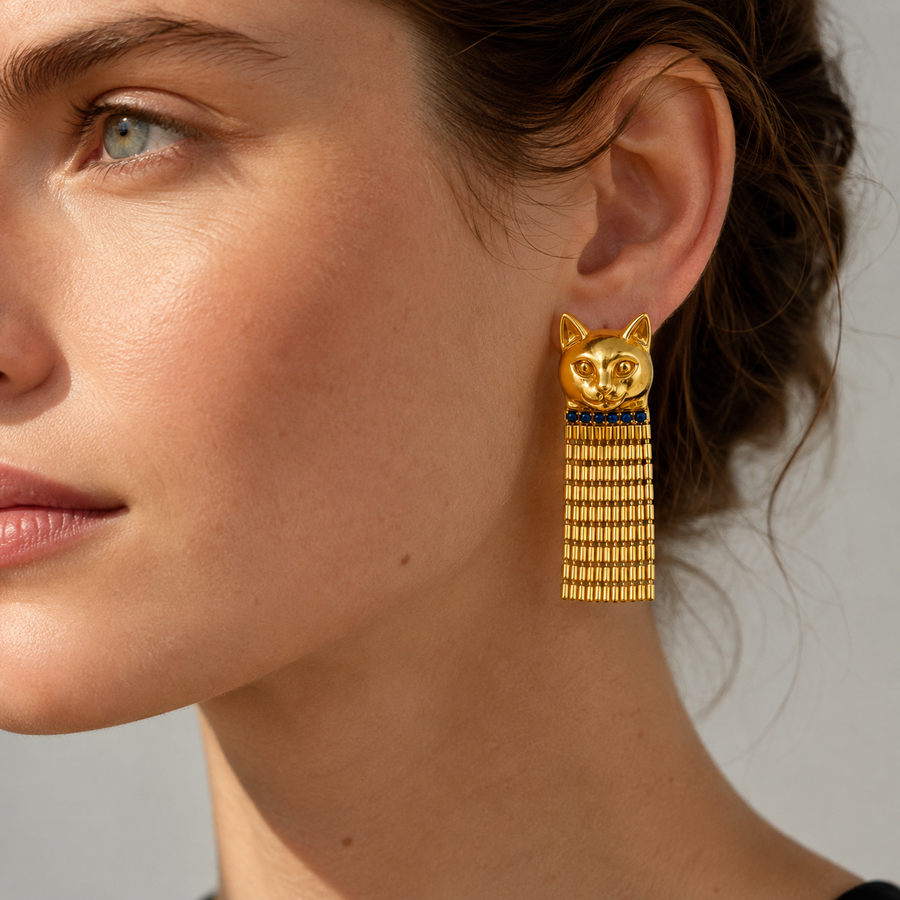 Vintage Egyptian Bastet Cat Tassel Earrings