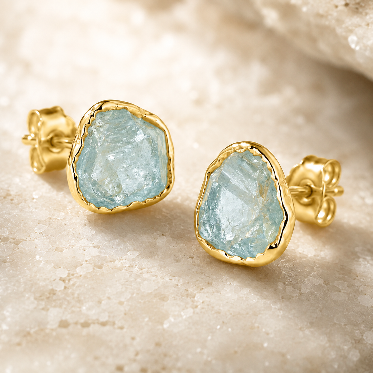 Raw Aquamarine Gold Stud Earrings