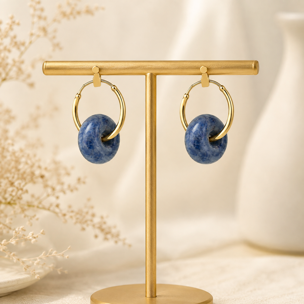 Blue Yellow Agate Hoop Earrings