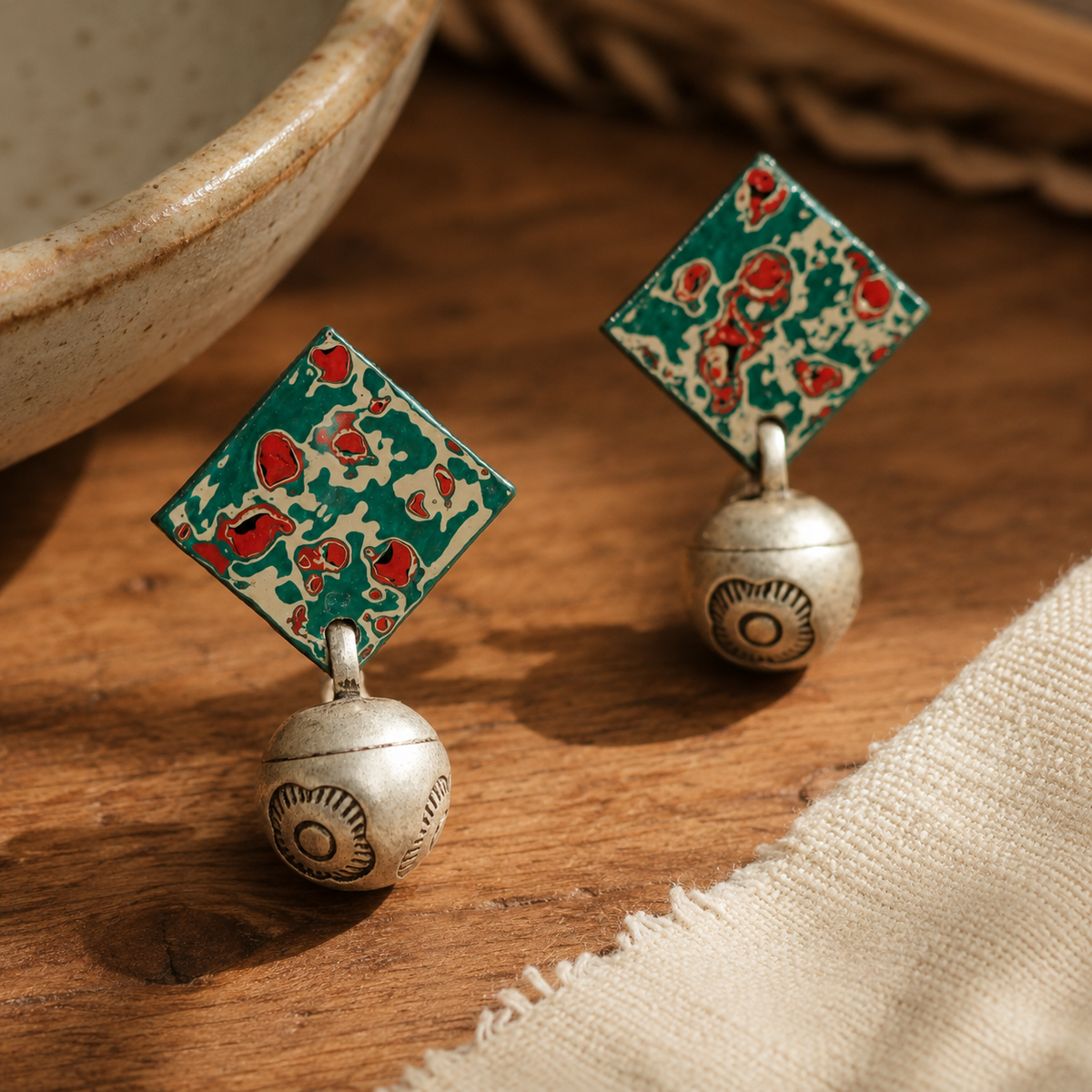 Antique Silver Lacquer Bell Earrings