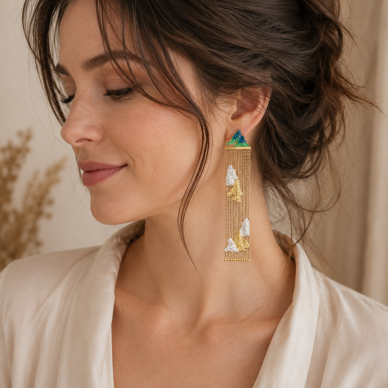 Chinese Landscape Enamel Tassel Earrings