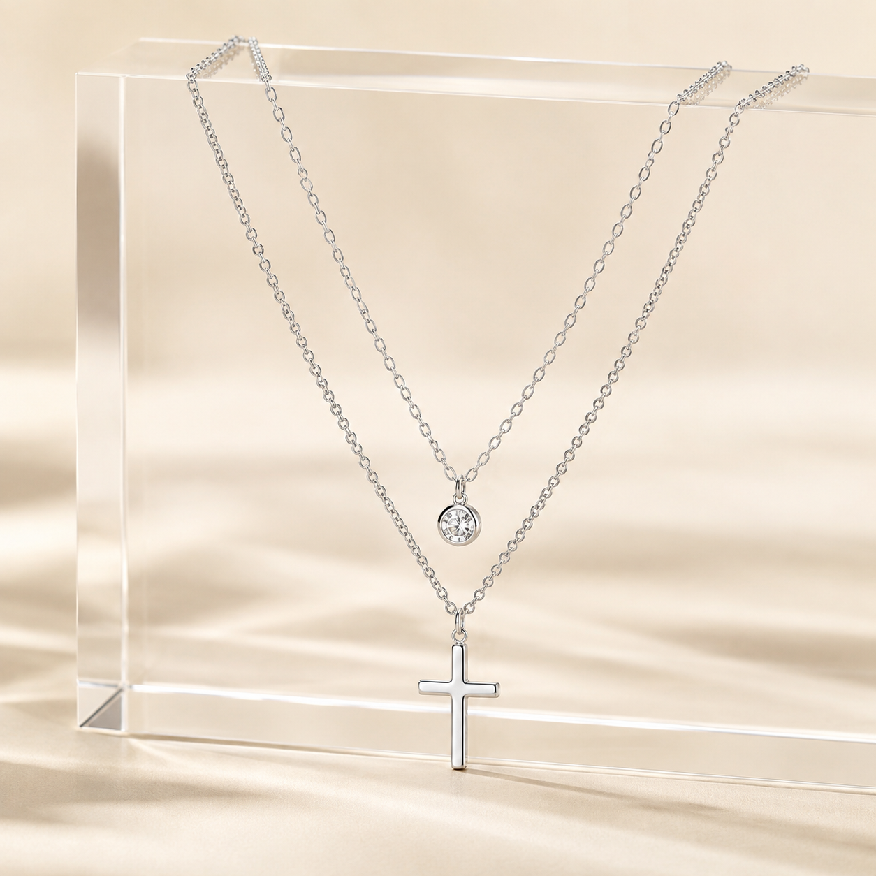 Layered CZ Cross Pendant Necklace