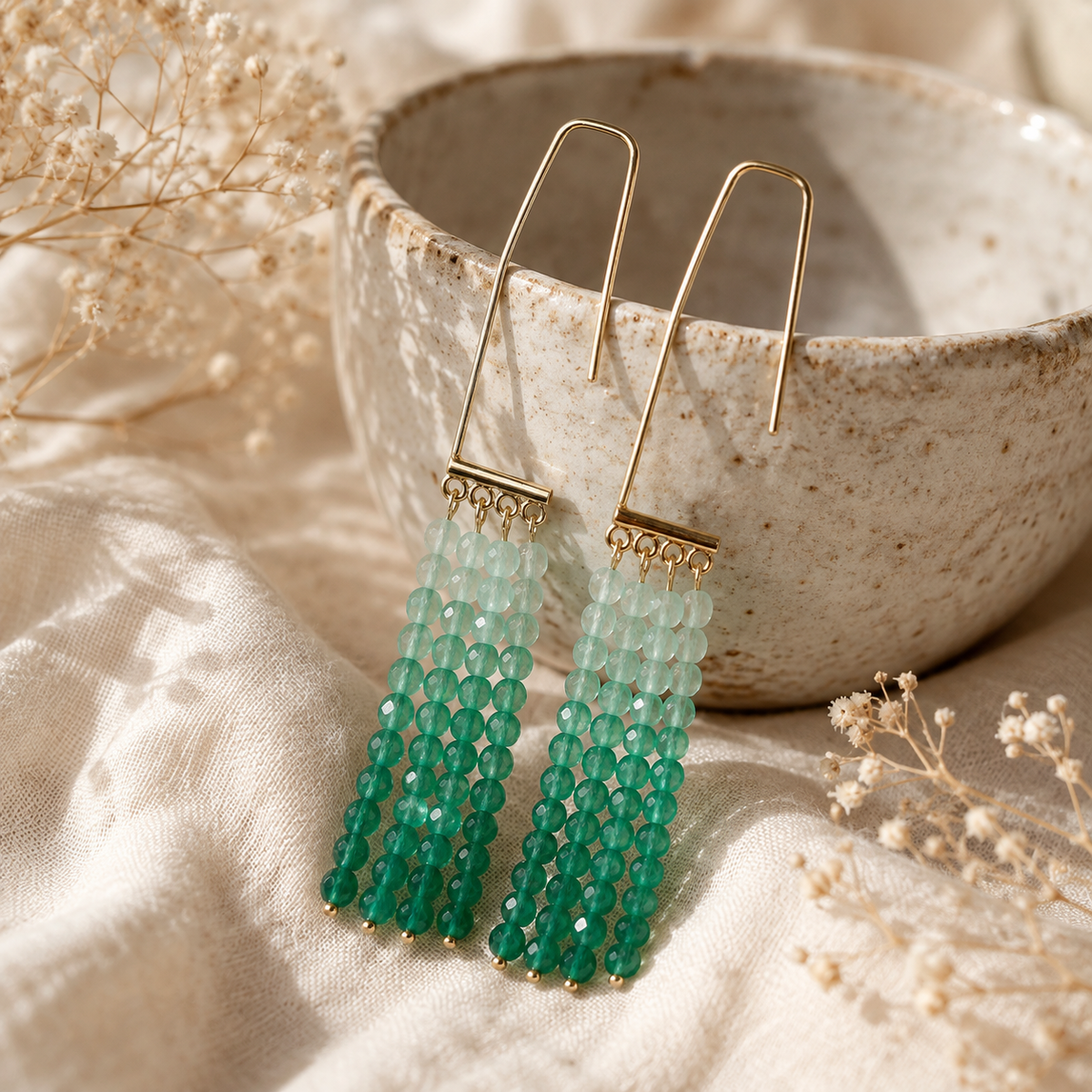 Gradient Green Natural Agate Tassel Earrings