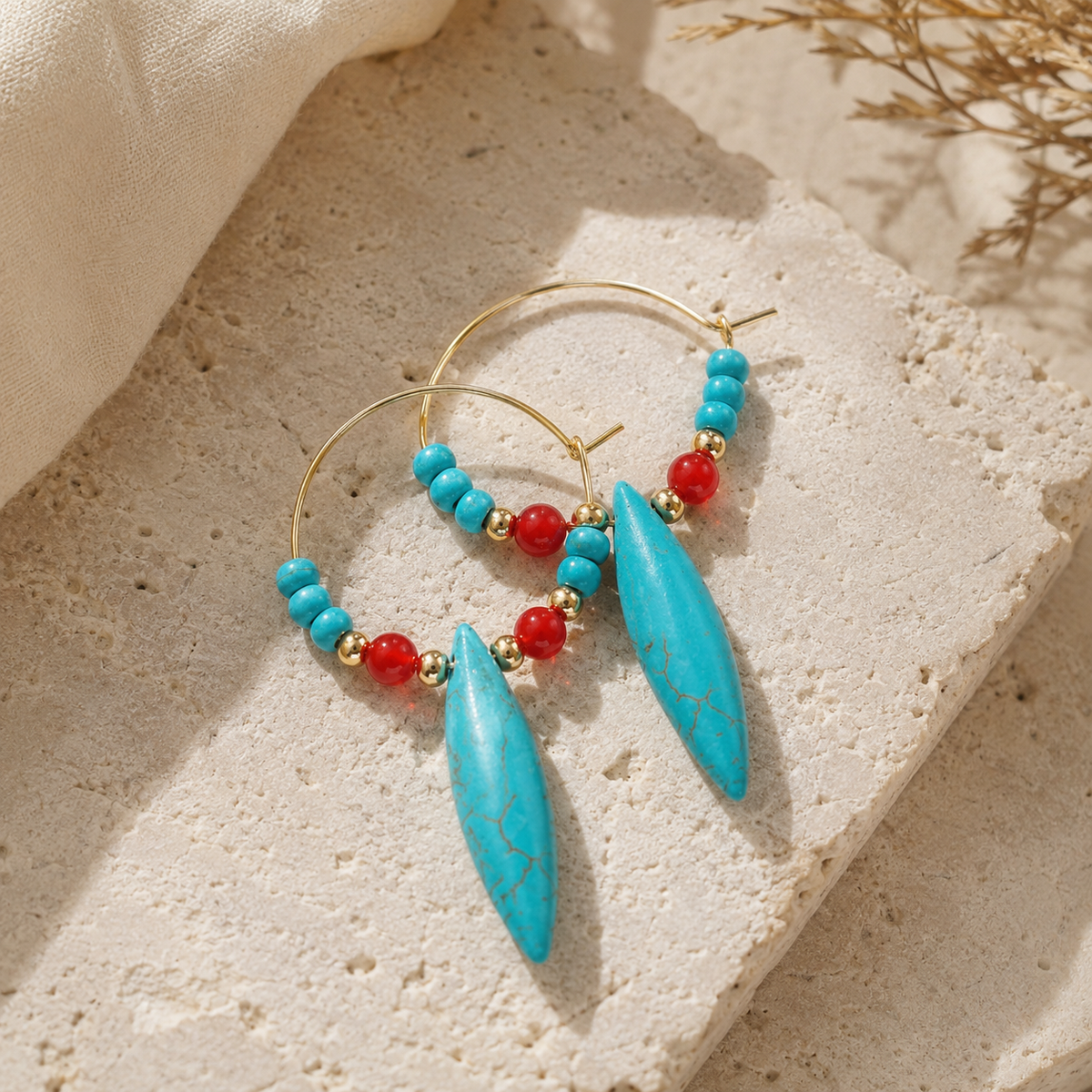 Turquoise  Red Agate Hoop Earrings