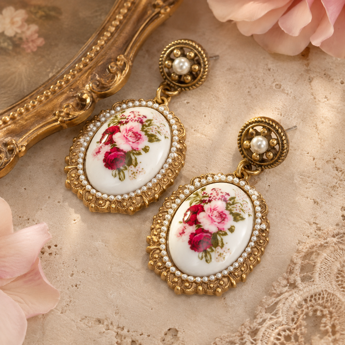 Vintage Rose Pendant Earrings