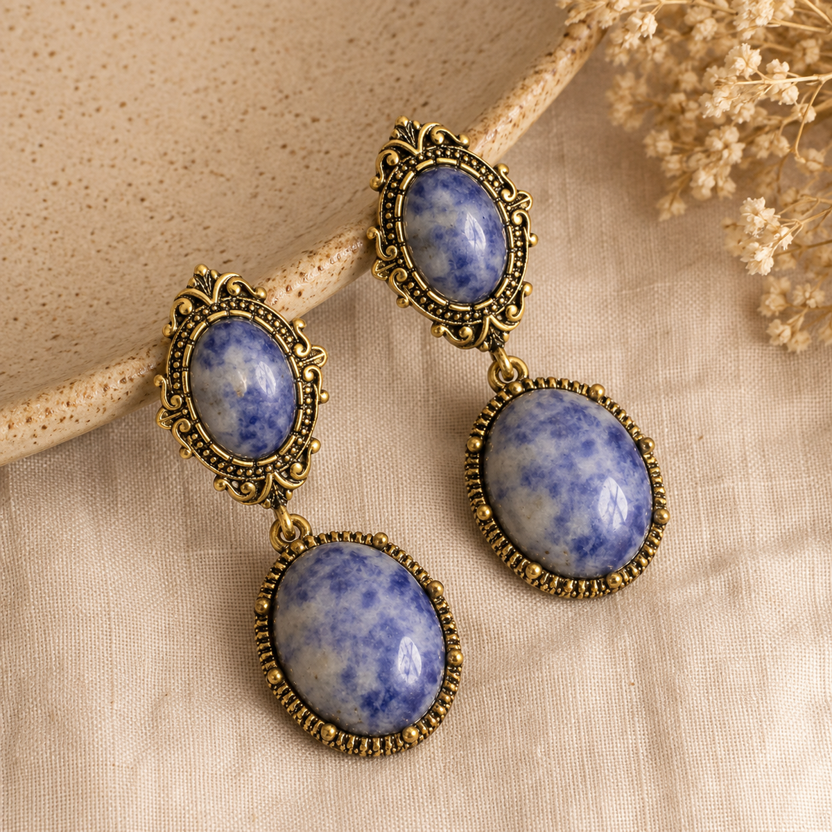 Vintage Blue Porcelain Statement Earrings