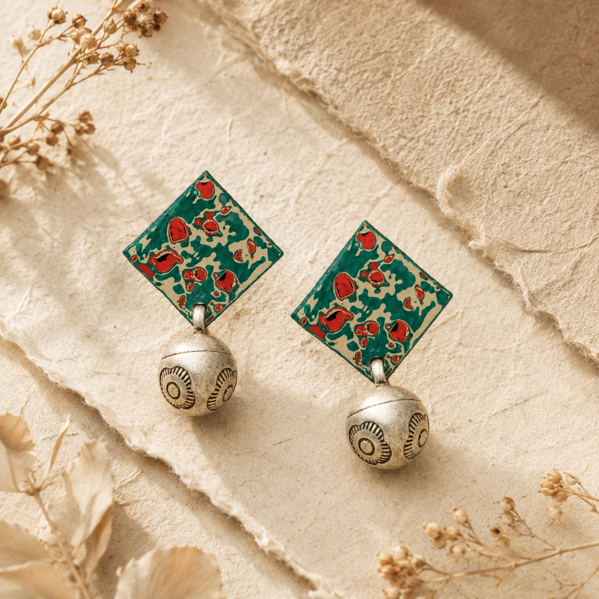 Antique Silver Lacquer Bell Earrings