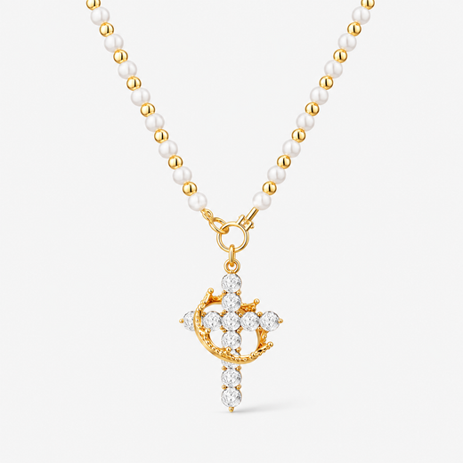 Gold Pearl Beaded Crown Cross Necklace