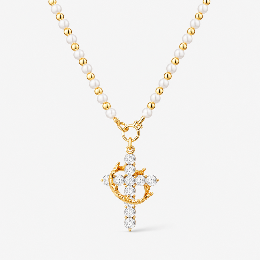 Gold Pearl Beaded Crown Cross Necklace
