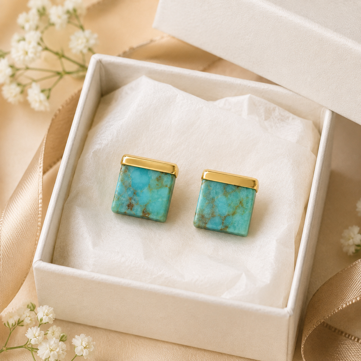 Square Turquoise Gold Cap Studs