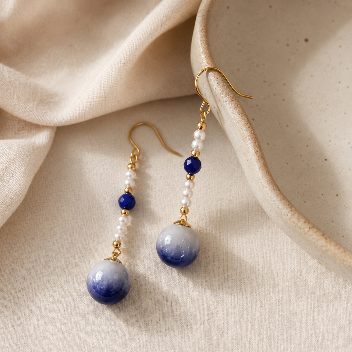 Blue Porcelain Pearl Drop Earrings