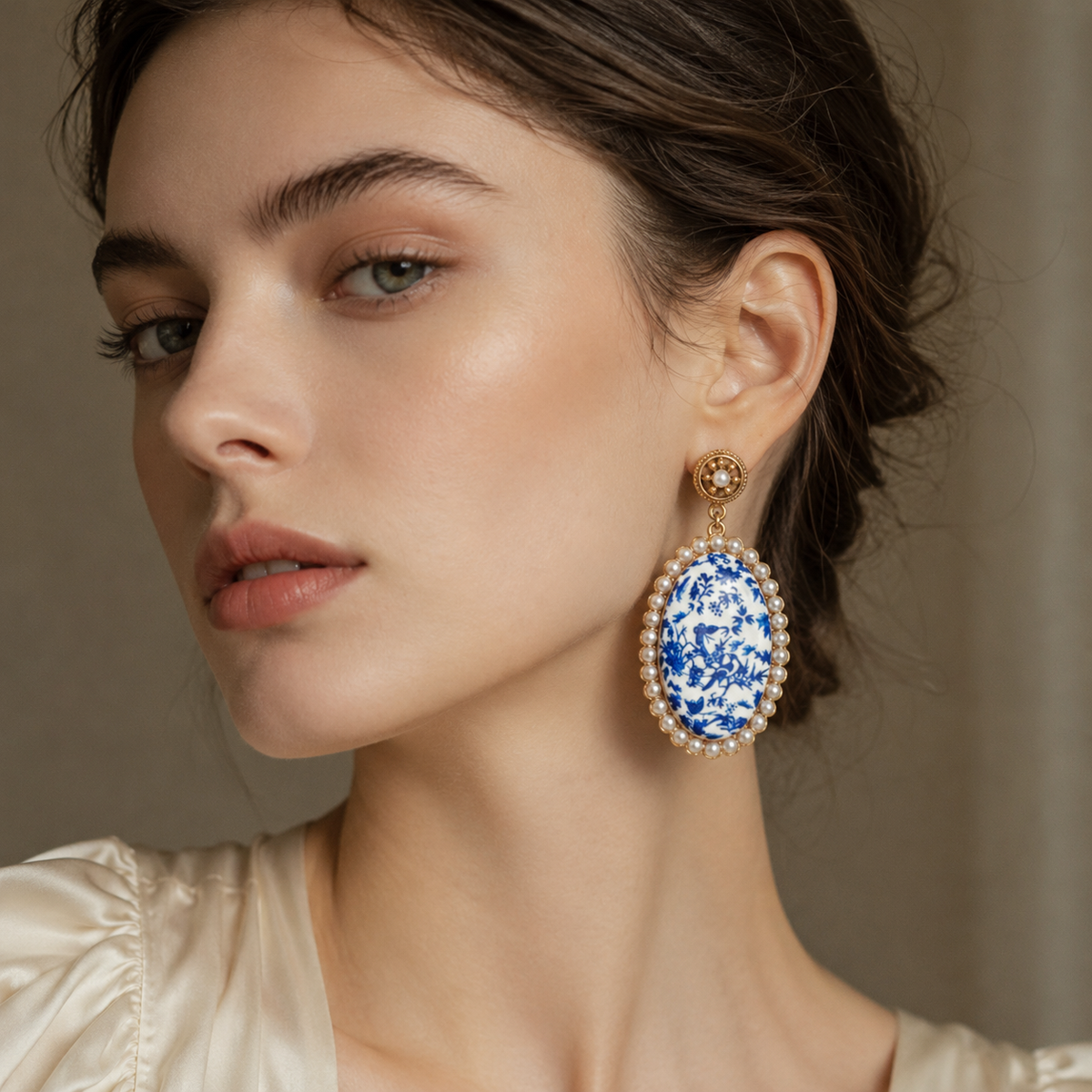 Vintage Blue White Porcelain Pearl Stud Earrings