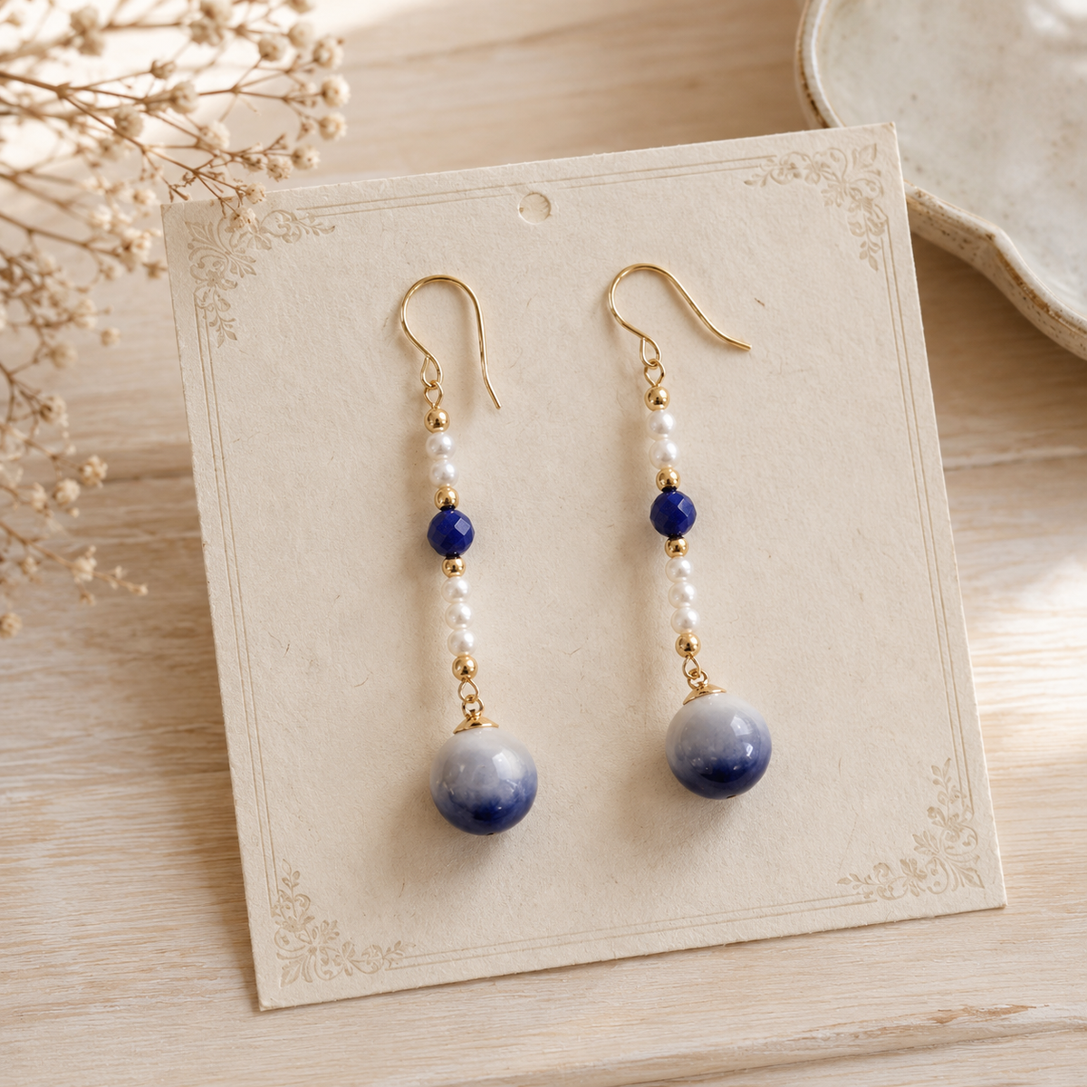 Blue Porcelain Pearl Drop Earrings