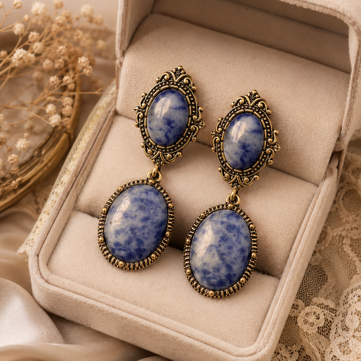 Vintage Blue Porcelain Statement Earrings
