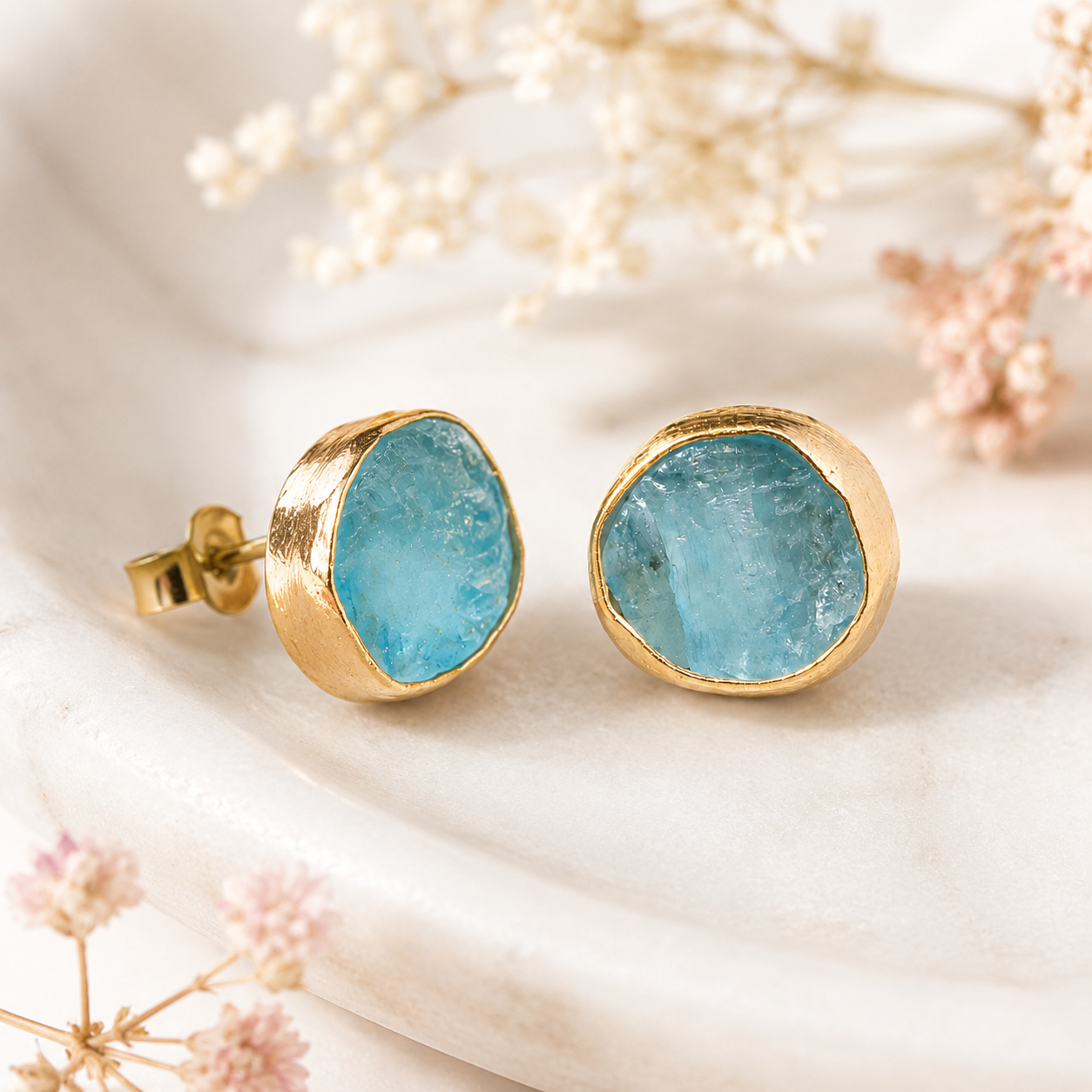 Raw-Cut Aqua Gemstone Stud Earrings