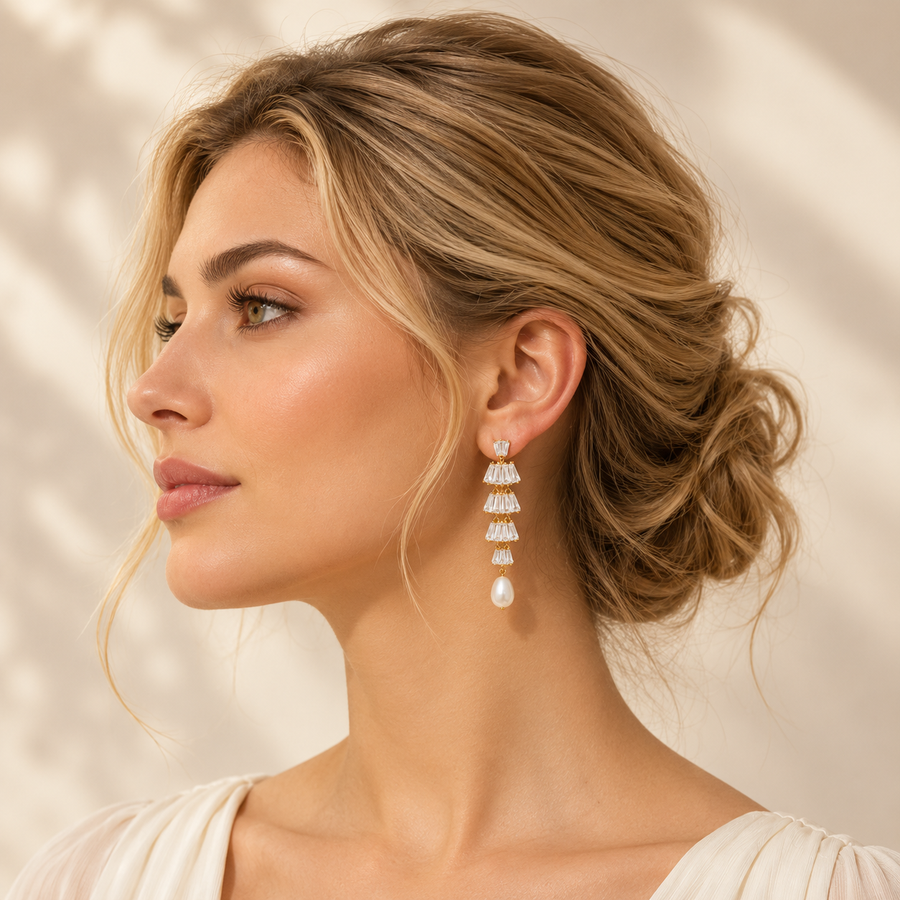 Baguette CZ Freshwater Pearl Earrings