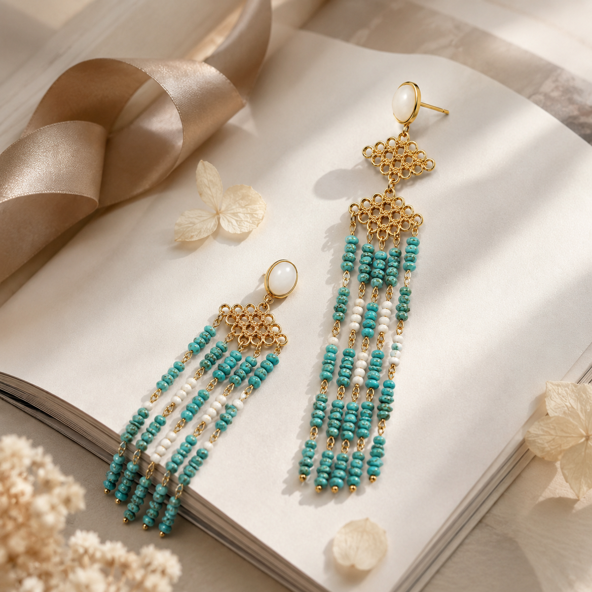 Turquoise Chip Tassel Earrings