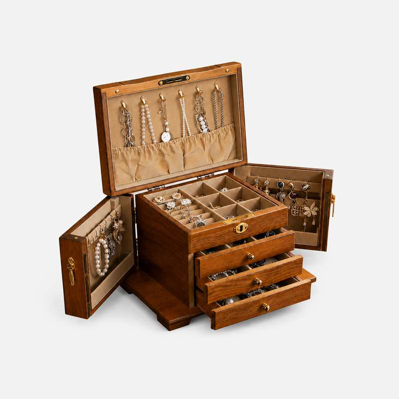Luxury Vintage Wooden Jewelry Box – Large Jewelry Organizer with Mirror & Lock