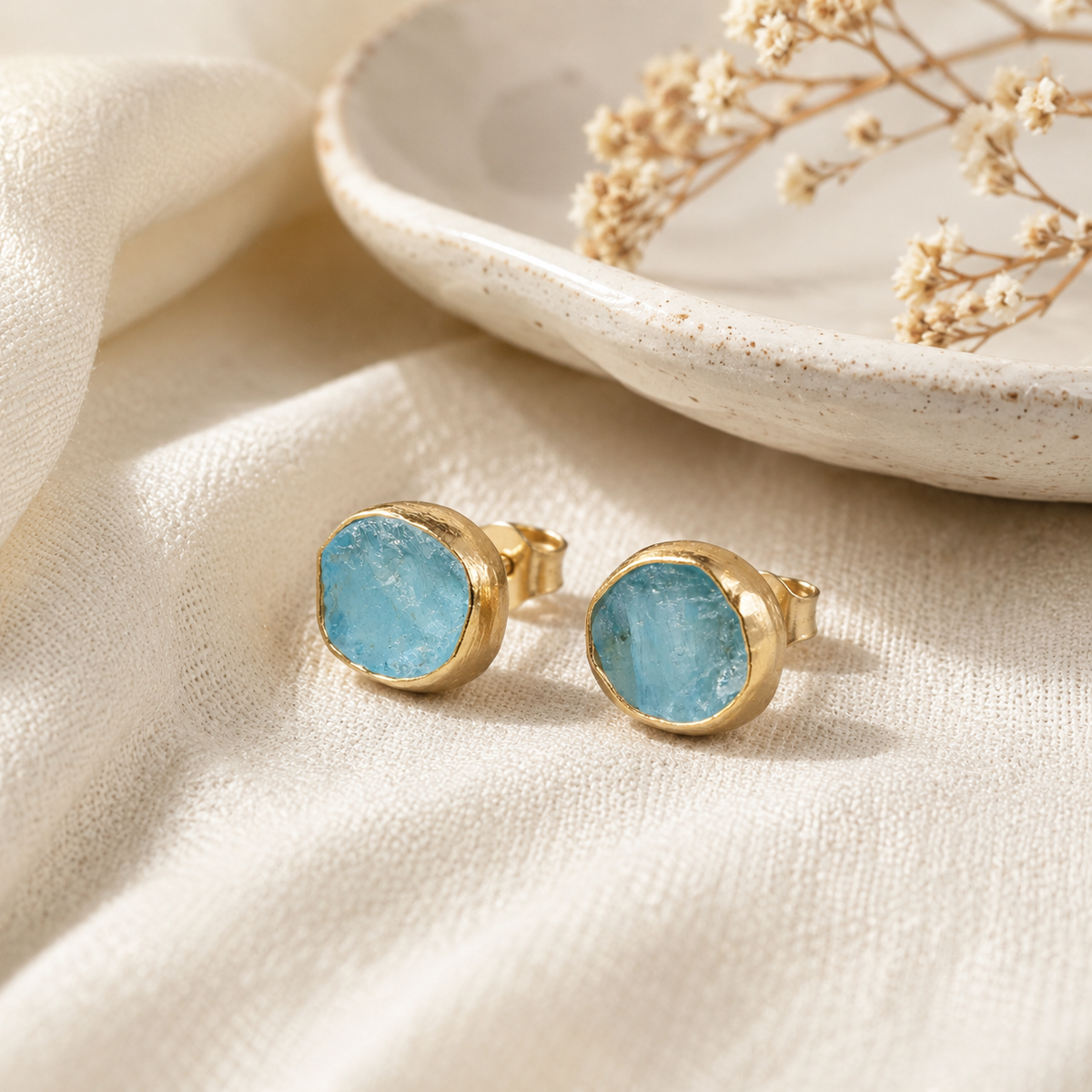 Raw-Cut Aqua Gemstone Stud Earrings