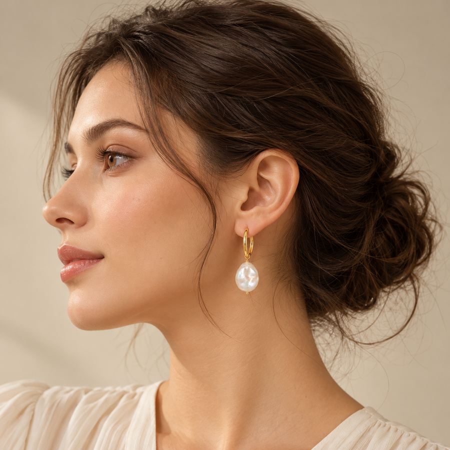 Baroque Pearl Drop Hoop Earrings