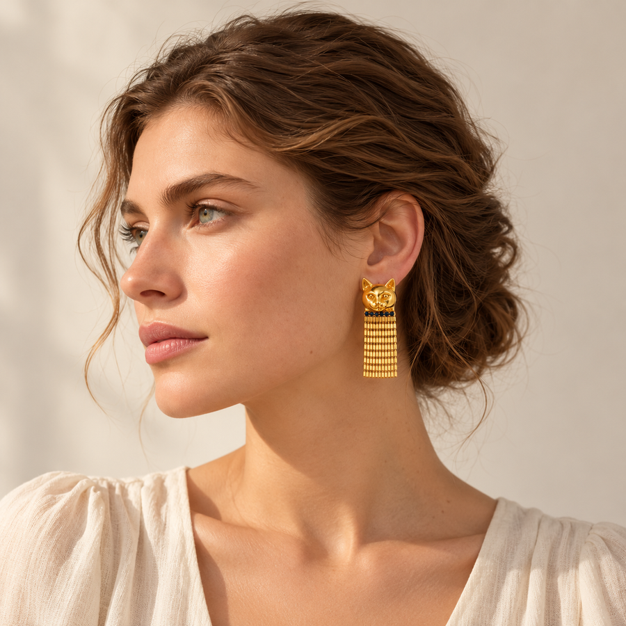 Vintage Egyptian Bastet Cat Tassel Earrings