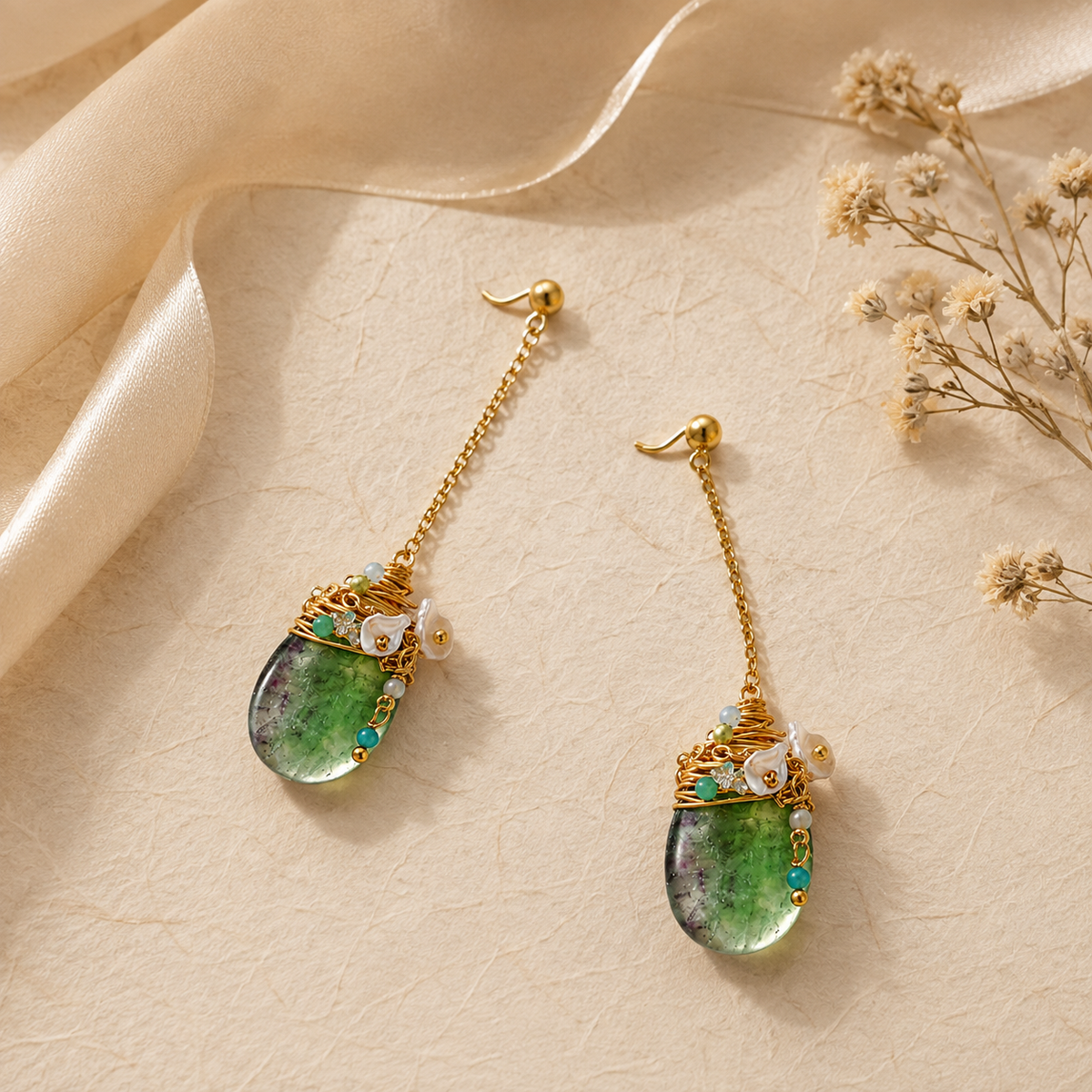 Green Fluorite & Baroque Pearl Earrings
