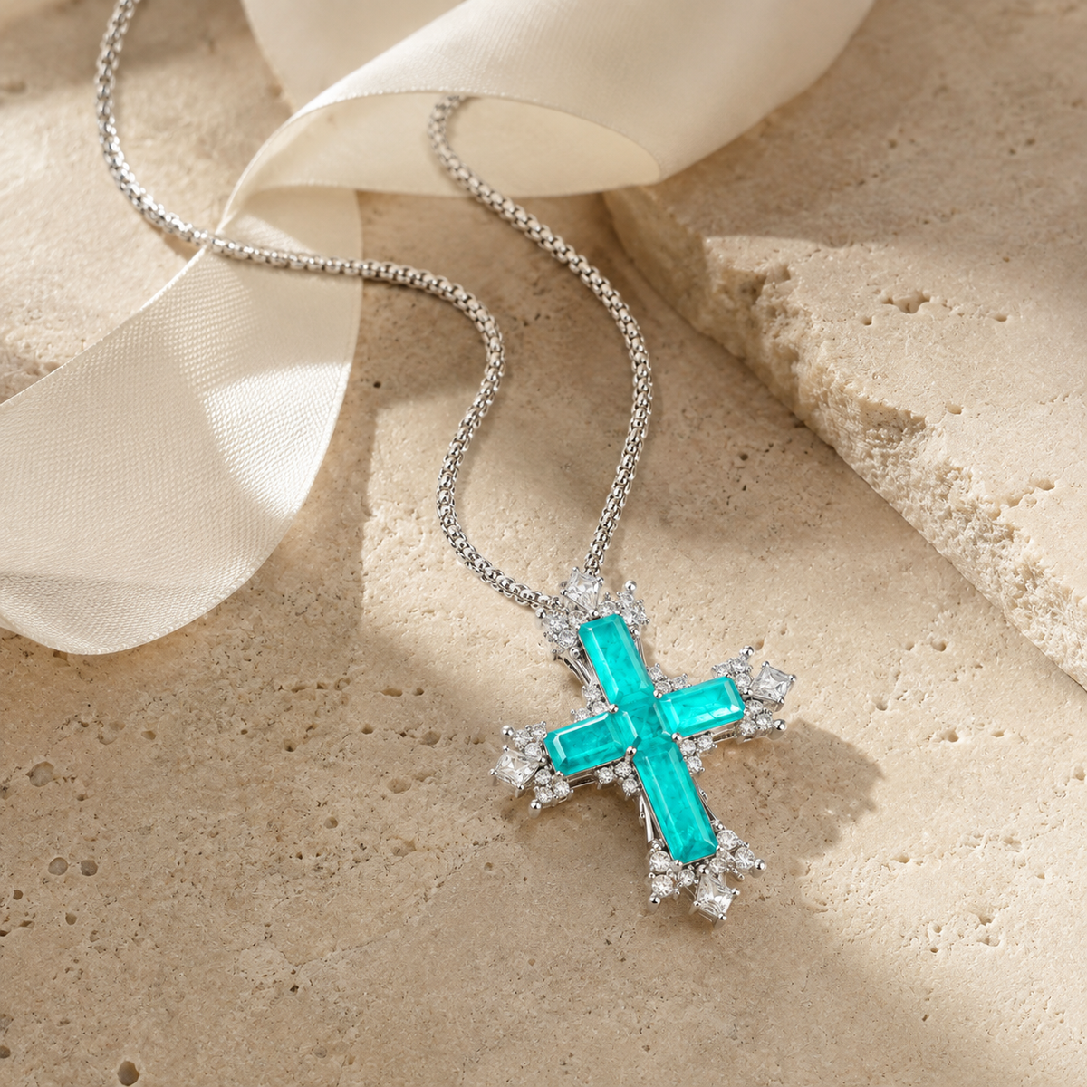 Small Paraiba Cross Pendant Necklace
