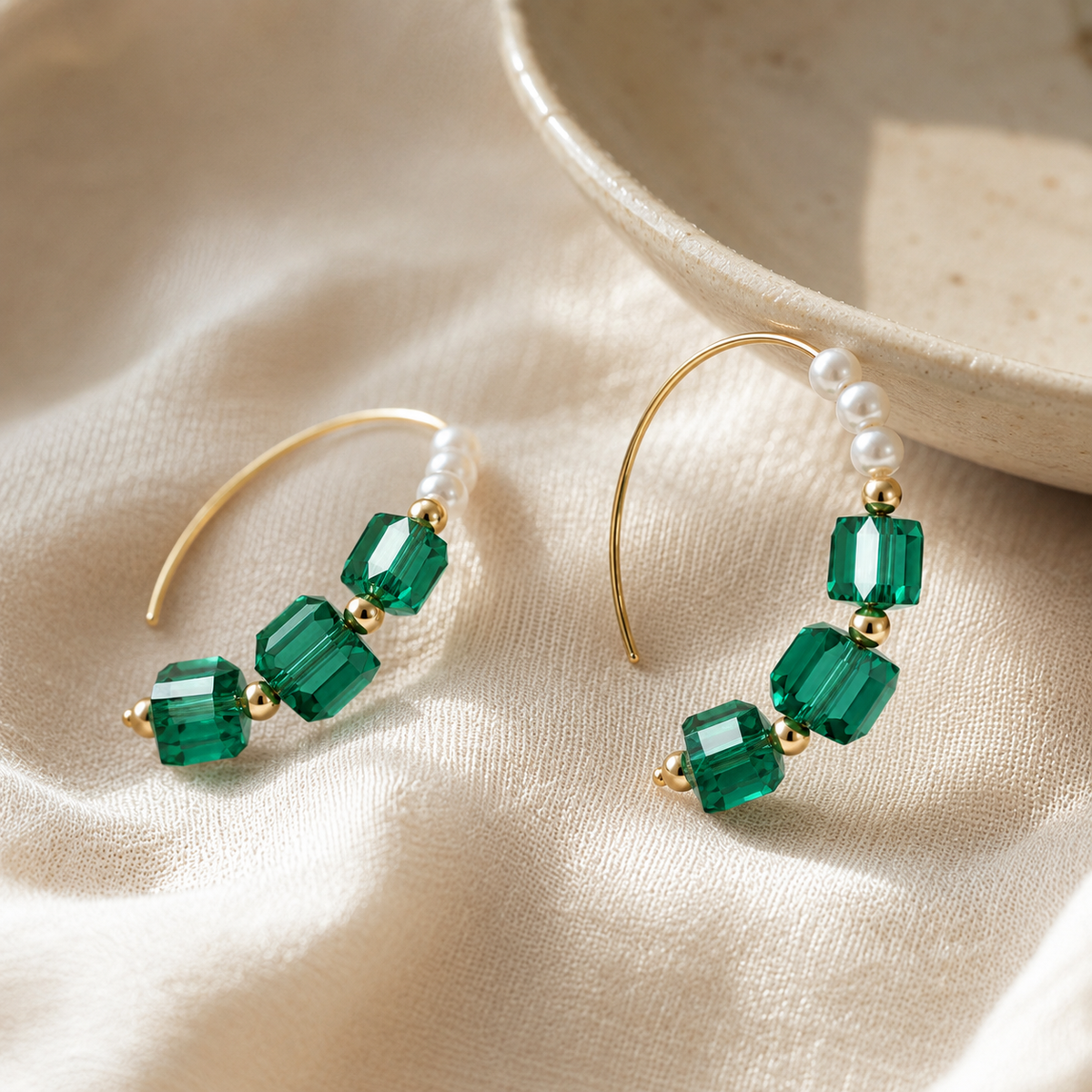 Green Sugar‑Cube Sparkling Natural Pearl Earrings